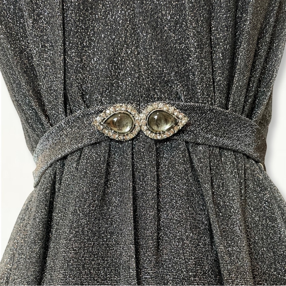 Vintage 1970s Silver Metallic Studio 54 Keyhole Jewel Belted Halter Maxi Dress - Picture 5 of 15
